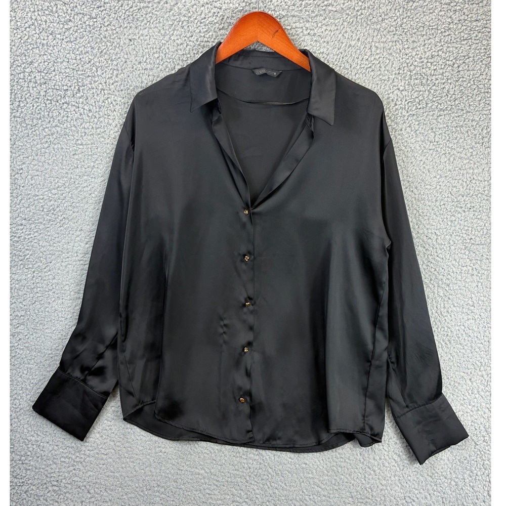 Zara Satin Button Down Shirt Blouse Womens M Black Business Casual Office